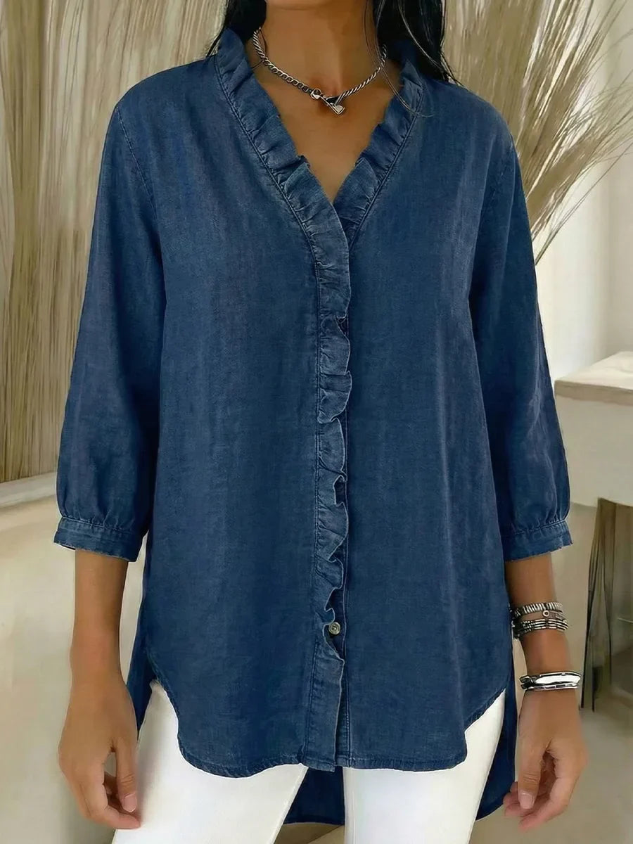 Maximila™ | Camisa informal de mujer de denim con cuello en V y volantes