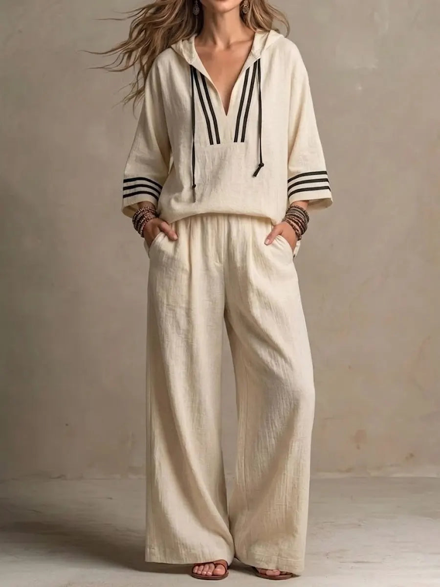 Hedda™ | Conjunto de sudadera con capucha y pantalones anchos de estilo informal para mujer, en algodón y lino