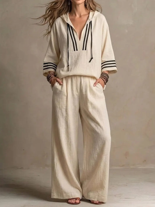 Hedda™ | Conjunto de sudadera con capucha y pantalones anchos de estilo informal para mujer, en algodón y lino