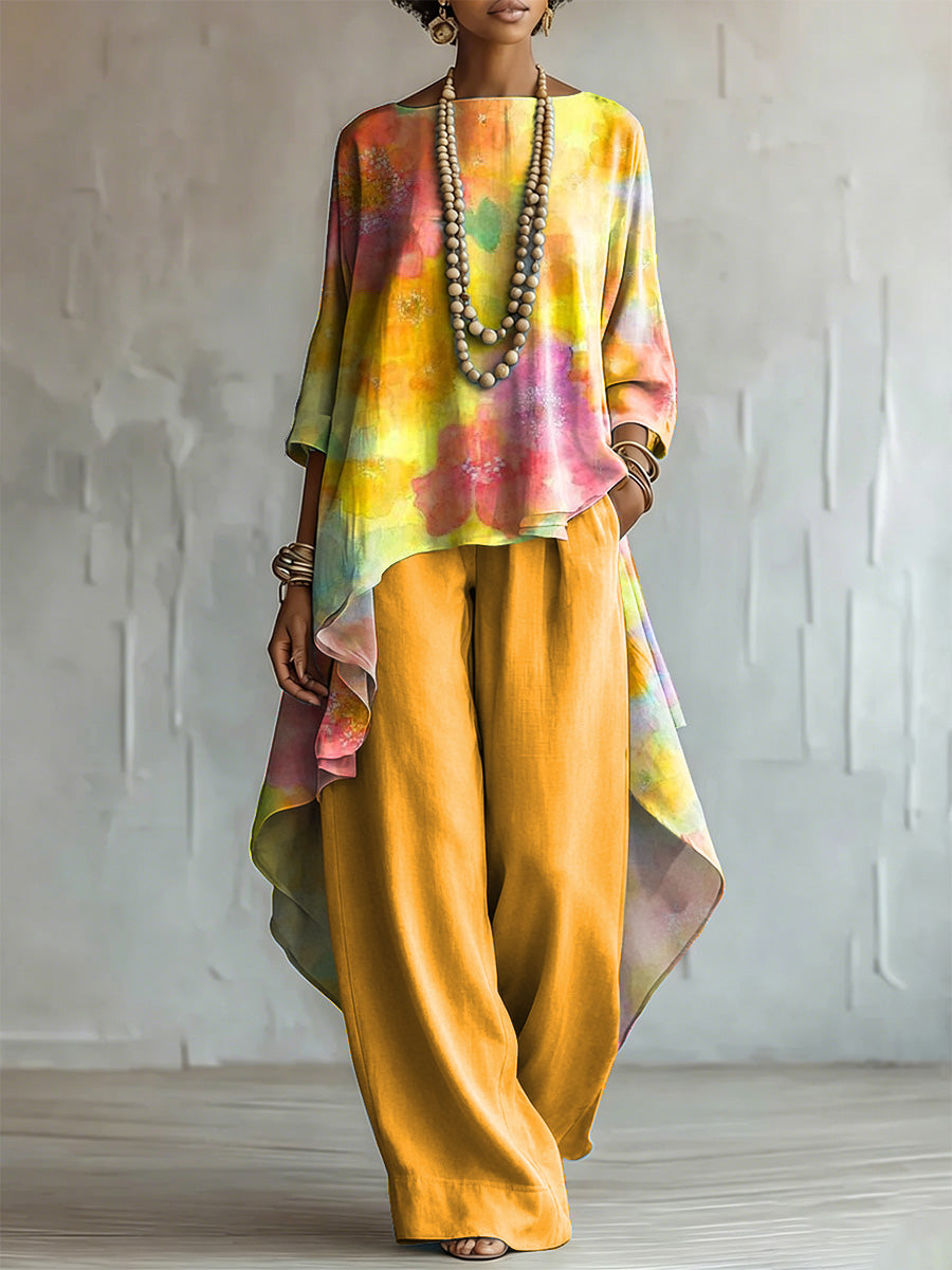Elegant & Artistic Color-block Floral Two-piece Set