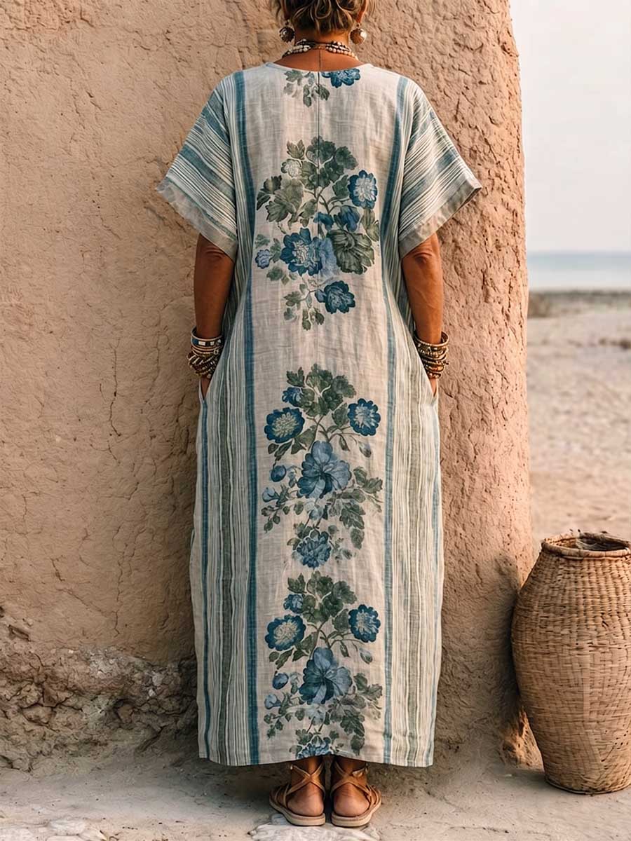 Chiffon™ | Vestido informal holgado de algodón y lino para mujer, con cuello en V, mangas cortas y estampado aplicado