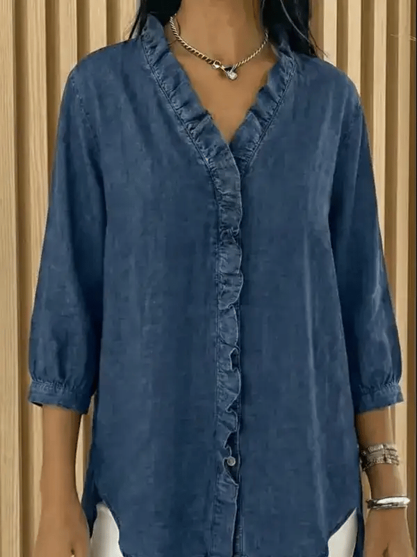 Maximila™ | Camisa informal de mujer de denim con cuello en V y volantes