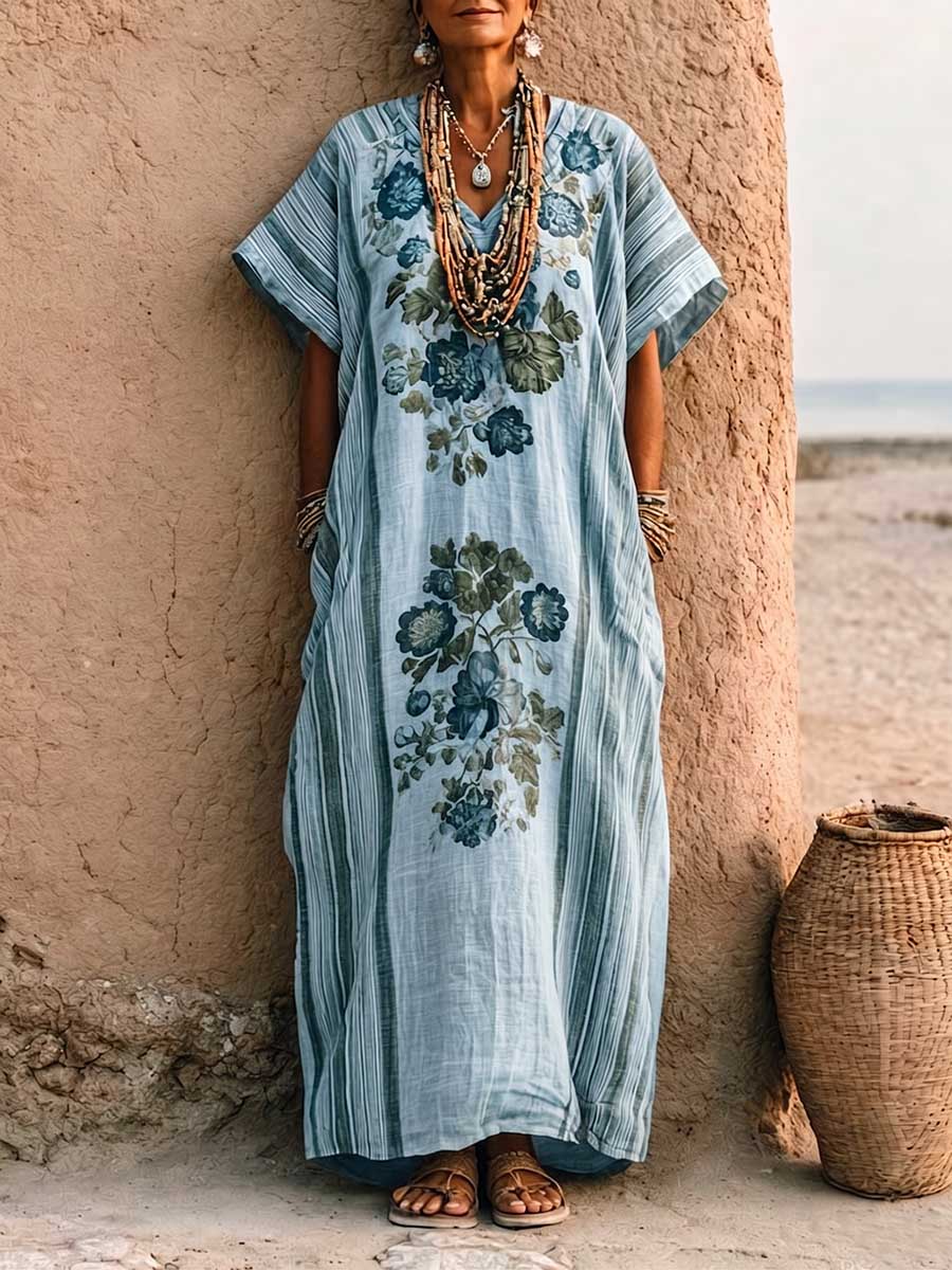 Chiffon™ | Vestido informal holgado de algodón y lino para mujer, con cuello en V, mangas cortas y estampado aplicado