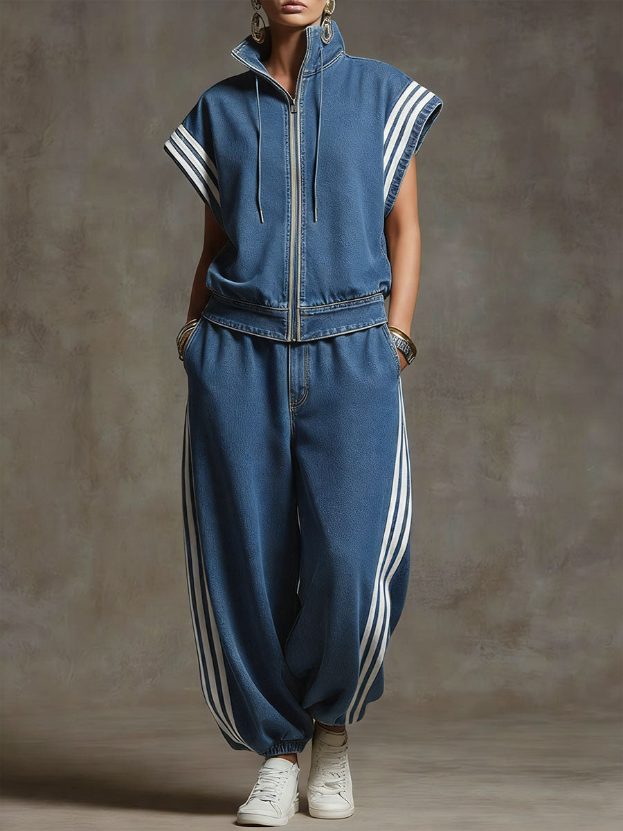 Grafit™ | Conjunto de mujer compuesto por una camiseta informal holgada de denim de manga corta y cuello alto y unos vaqueros de cintura alta y pierna ancha.