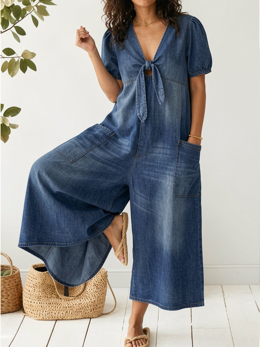 Cyrene™ | Mono informal de mujer, holgado, de manga corta y cuello en V, en denim