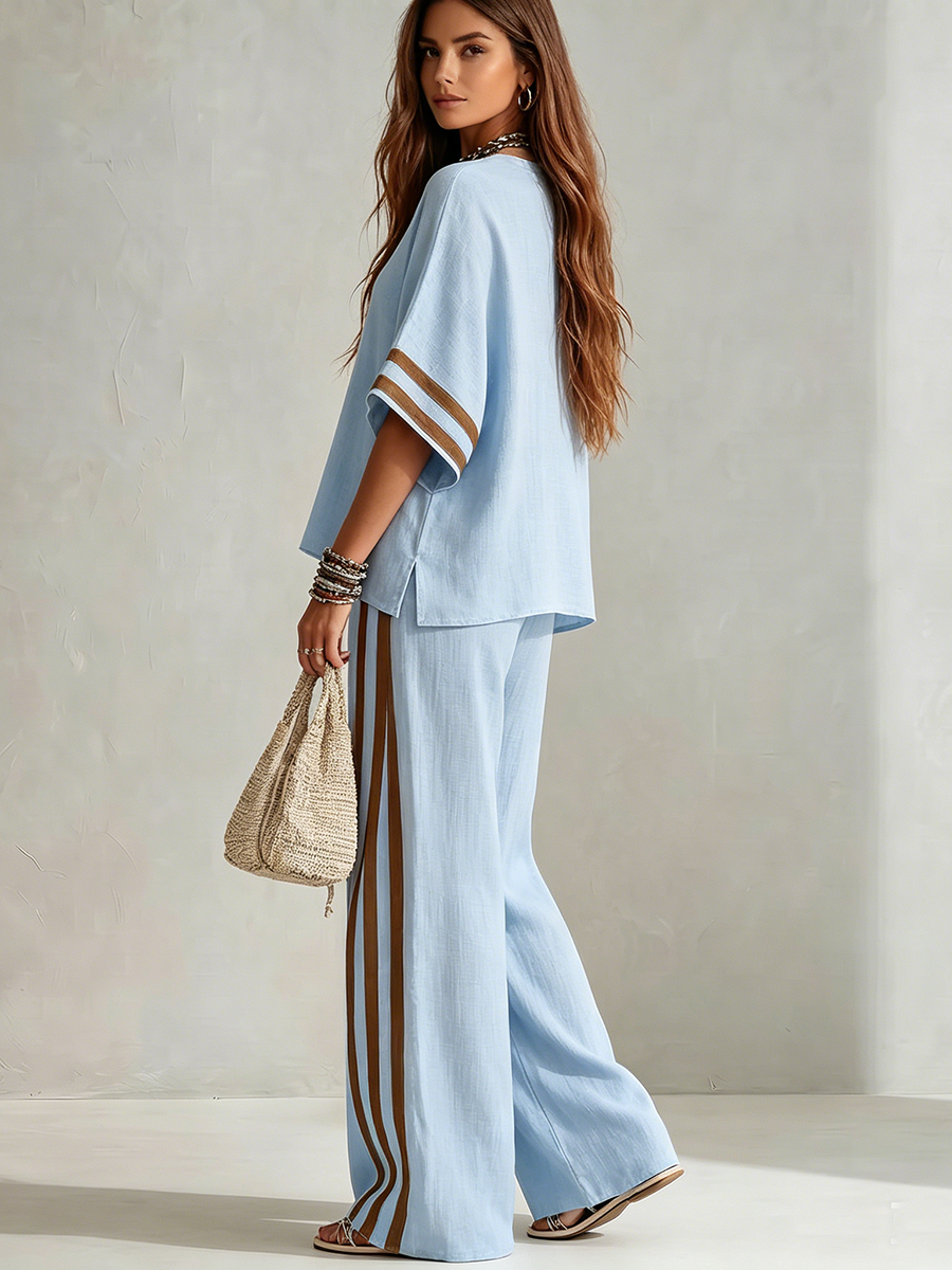 Casual Vacation Color-block Trim Cotton-linen Two-piece Set
