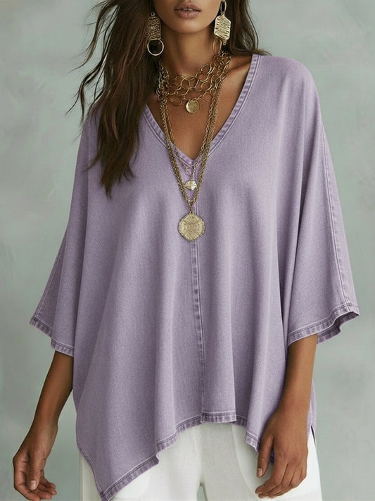 Eclis™ | Camisa vaquera de corte holgado con cuello en V para mujer – Top informal y cómodo de cambray