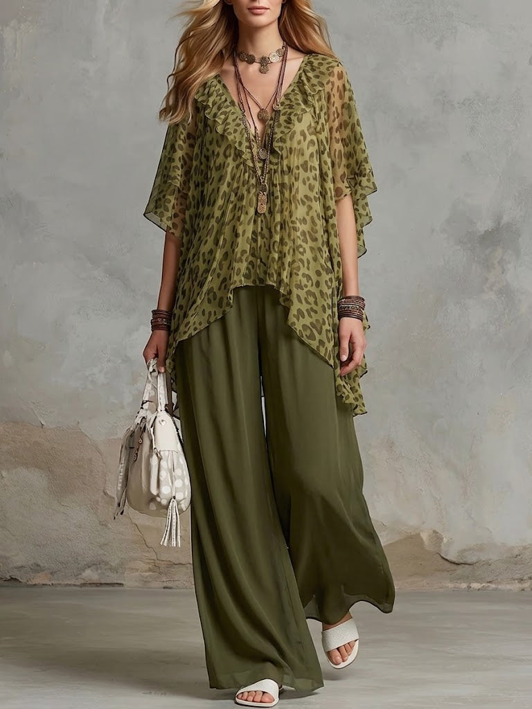 Symphony™ | Conjunto de dos piezas (top y pantalón) de gasa holgado y cómodo con estampado de leopardo