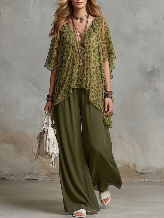 Symphony™ | Conjunto de dos piezas (top y pantalón) de gasa holgado y cómodo con estampado de leopardo