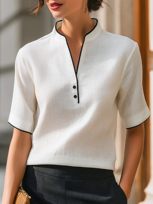 Astro™ | Top informal holgado de algodón y lino con cuello en V y manga corta para mujer