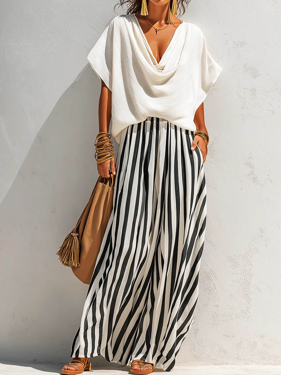 Rx™ | Conjunto compuesto por una blusa holgada de algodón y lino de manga corta y cuello vuelto en color liso