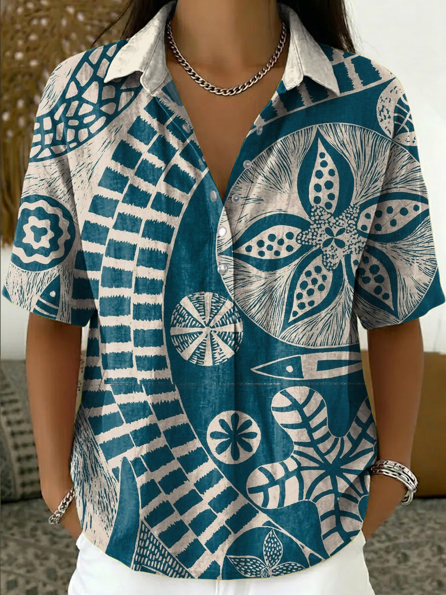 Nova™ | Camisa de manga corta de estilo étnico retro con estampado de líneas geométricas y cuello vuelto
