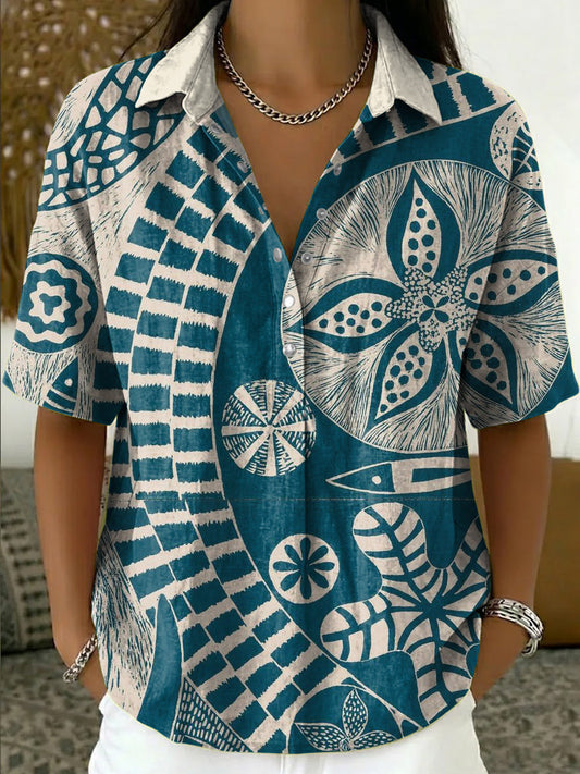 Nova™ | Camisa de manga corta de estilo étnico retro con estampado de líneas geométricas y cuello vuelto