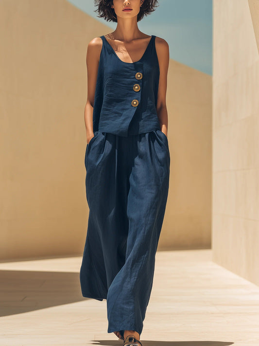 Amel™ | Conjunto de dos piezas en denim azul marino (top sin mangas + pantalones de pierna ancha)