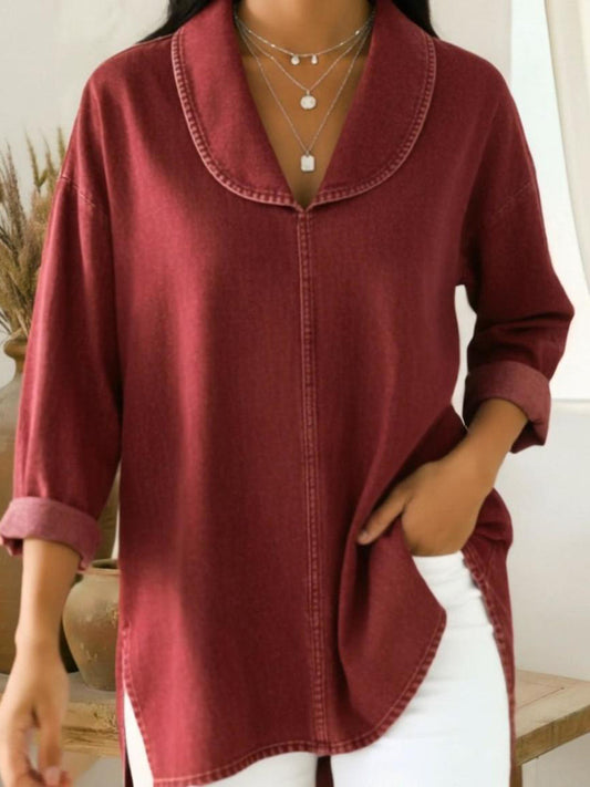 Shale™ | Top de algodón vaquero con cuello chal de estilo retro