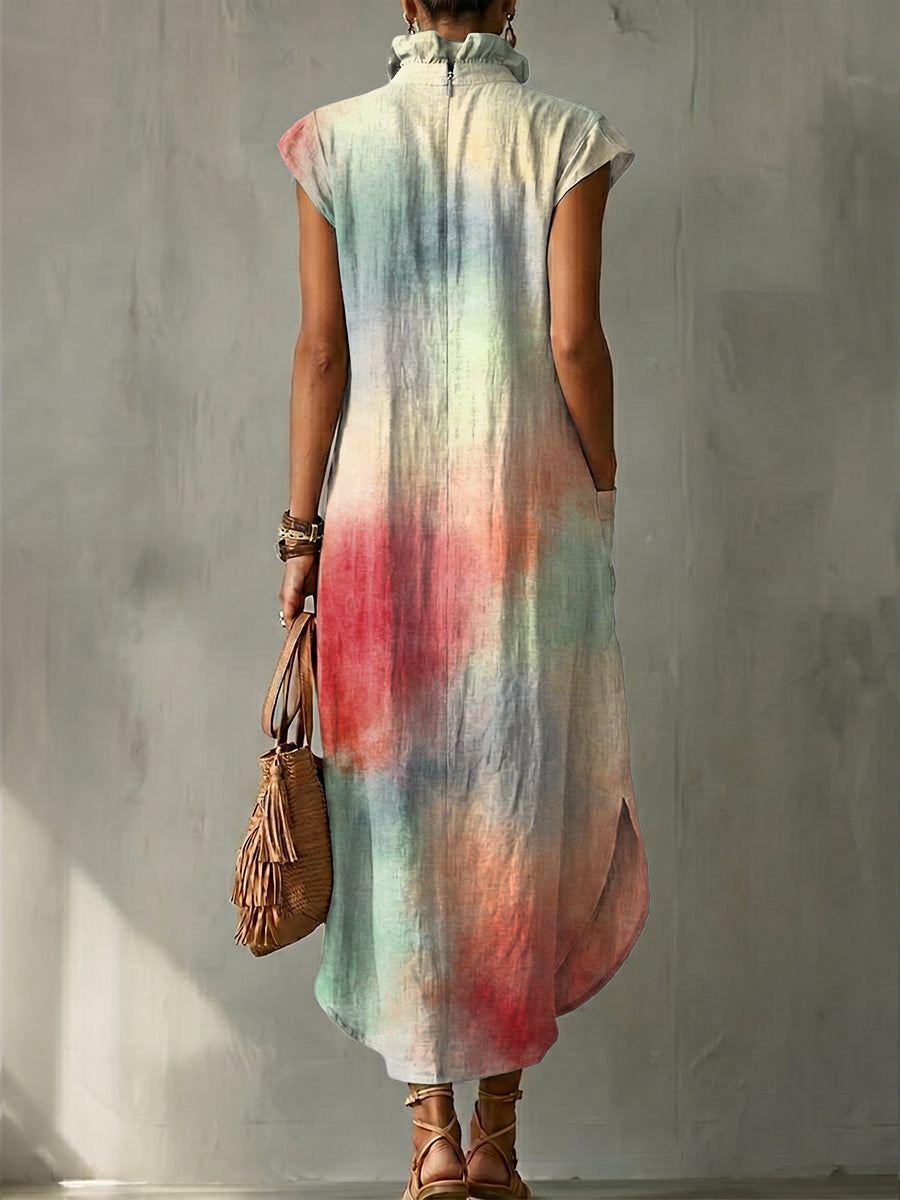 Wire™ | Vestido sin mangas de lino y algodón con cuello redondo y estampado decorativo degradado