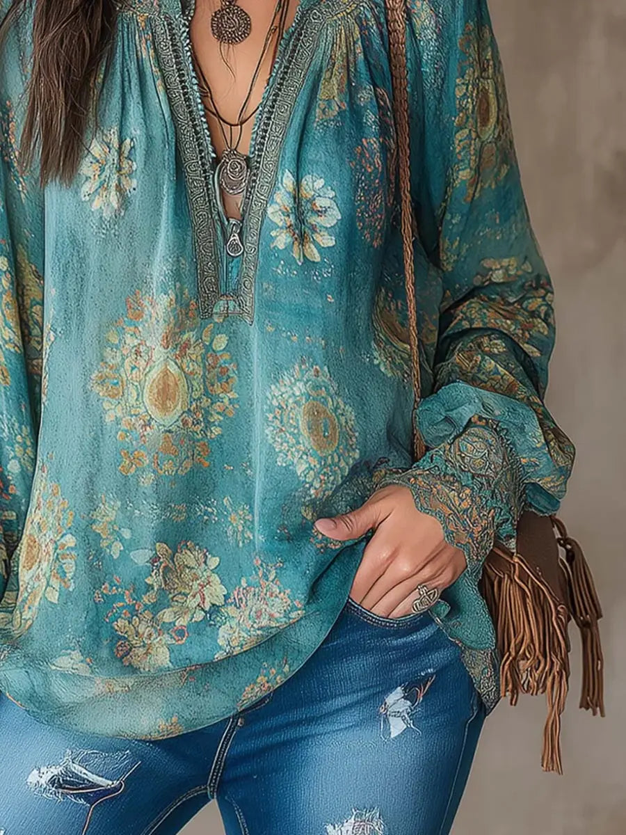 Slyn™ | Camisa informal de algodón de manga larga con estampado floral étnico para mujer