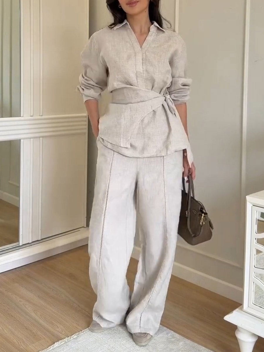 Prym™ | Conjunto de algodón y lino liso, top informal de manga larga con cuello en V y pantalones de cintura alta y pierna ancha