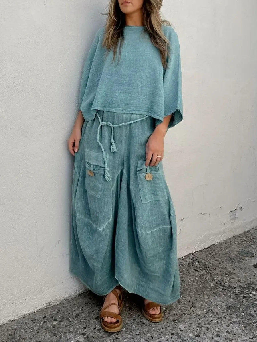 Gazza™ | Conjunto de algodón y lino con efecto vintage desgastado para mujer