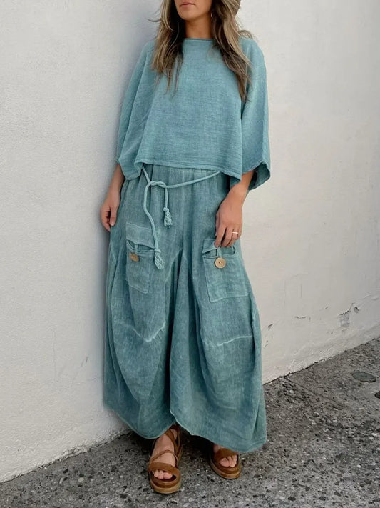 Gazza™ | Conjunto de algodón y lino con efecto vintage desgastado para mujer
