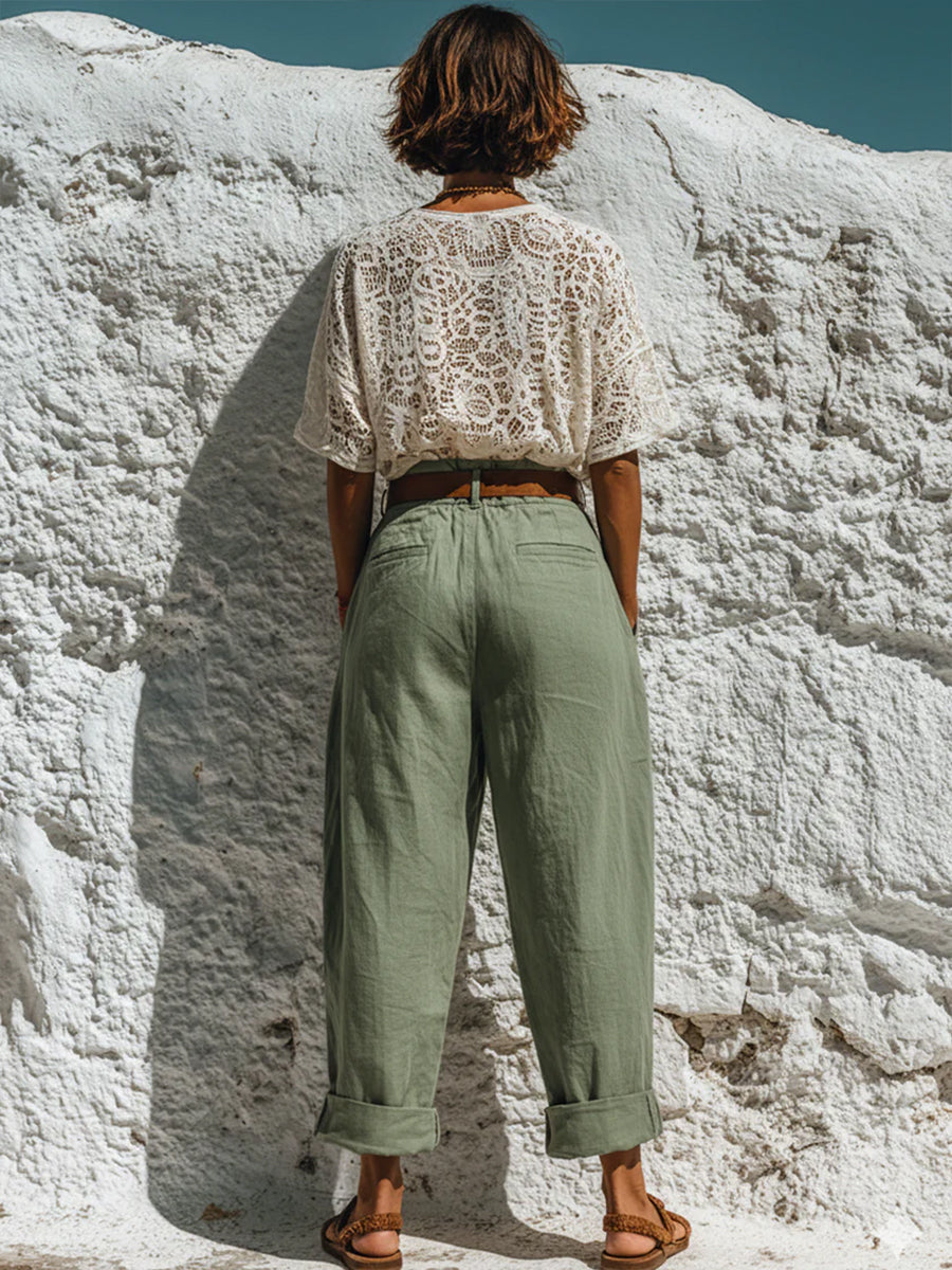 Verse™ | Conjunto informal y elegante de dos piezas: top de encaje y pantalones de lino y algodón