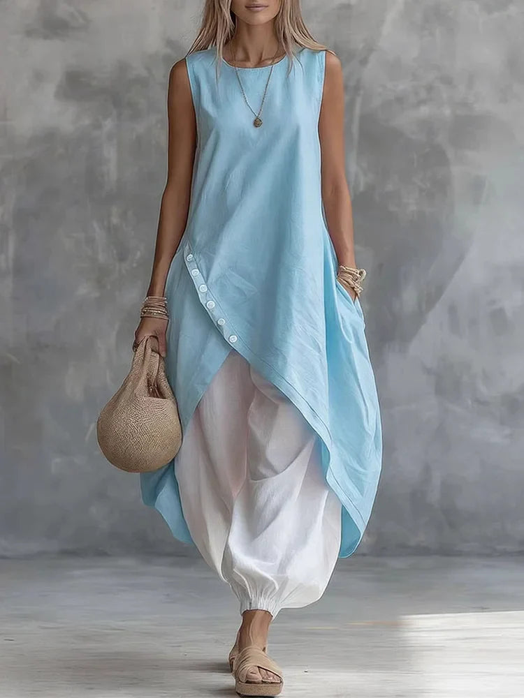 Astrae™ | Conjunto de dos piezas informal de estilo retro para mujer, de algodón, con bajo en forma de tulipán