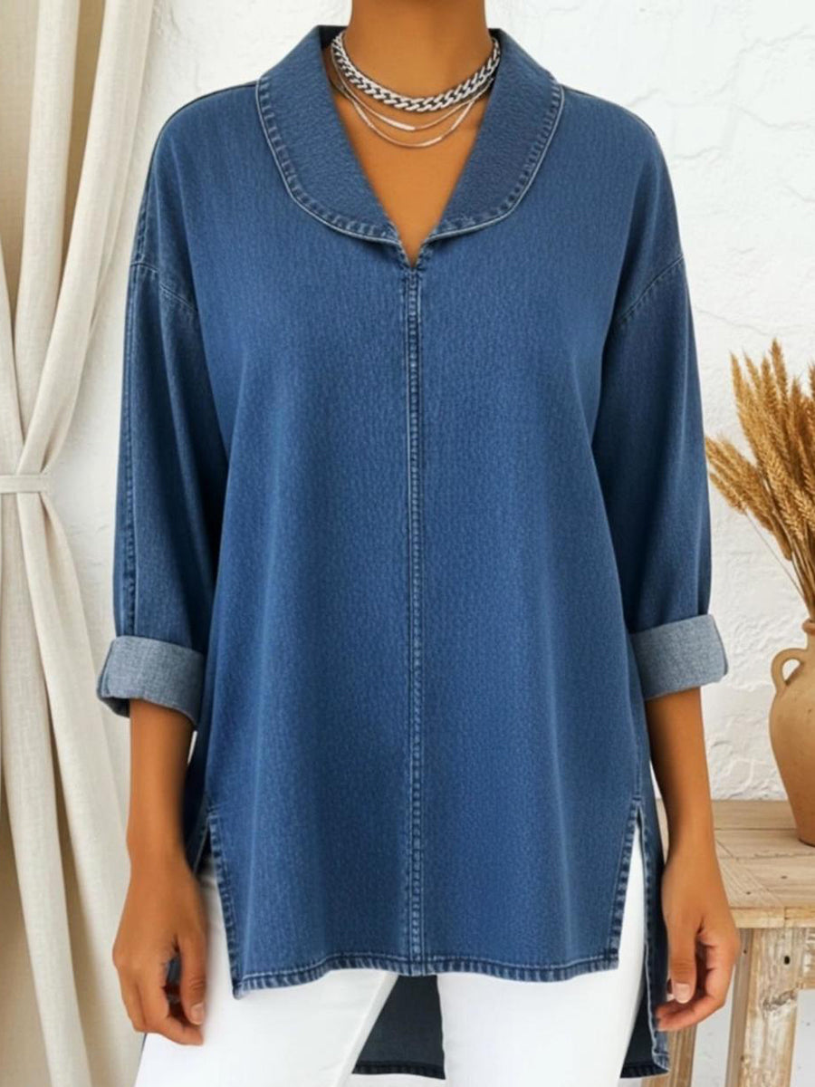 Shale™ | Top de algodón vaquero con cuello chal de estilo retro