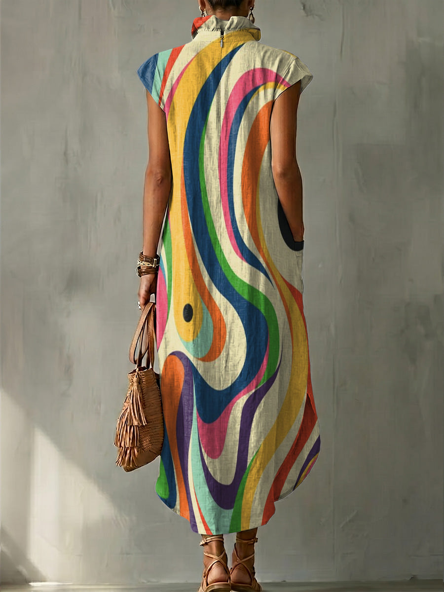 Code™ | Vestido sin mangas de lino y algodón para mujer con cuello redondo y estampado decorativo ondulado de colores