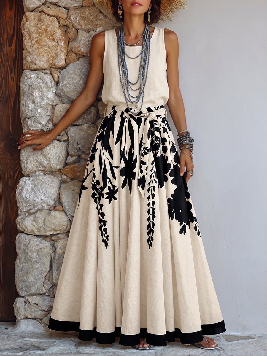 Void™ | Conjunto de dos piezas (falda y top) de algodón y lino con estampado artístico de flores y hojas