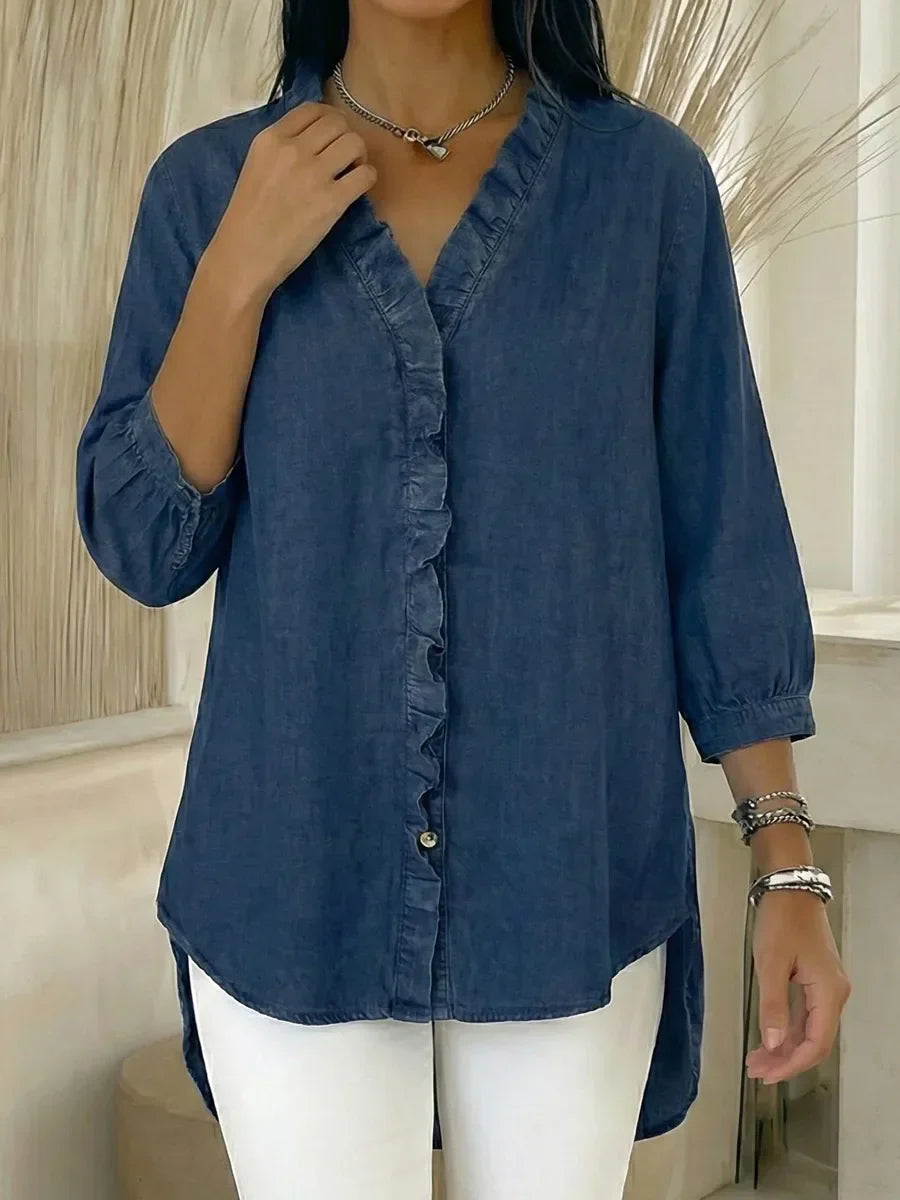 Maximila™ | Camisa informal de mujer de denim con cuello en V y volantes