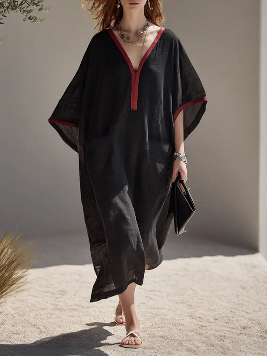 Tulle™ | Vestido de mujer con superposición de lino en bloques de color negro y rojo