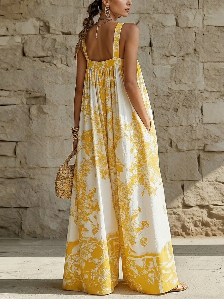 Retro Artistic Print Loose Wide-leg Jumpsuit