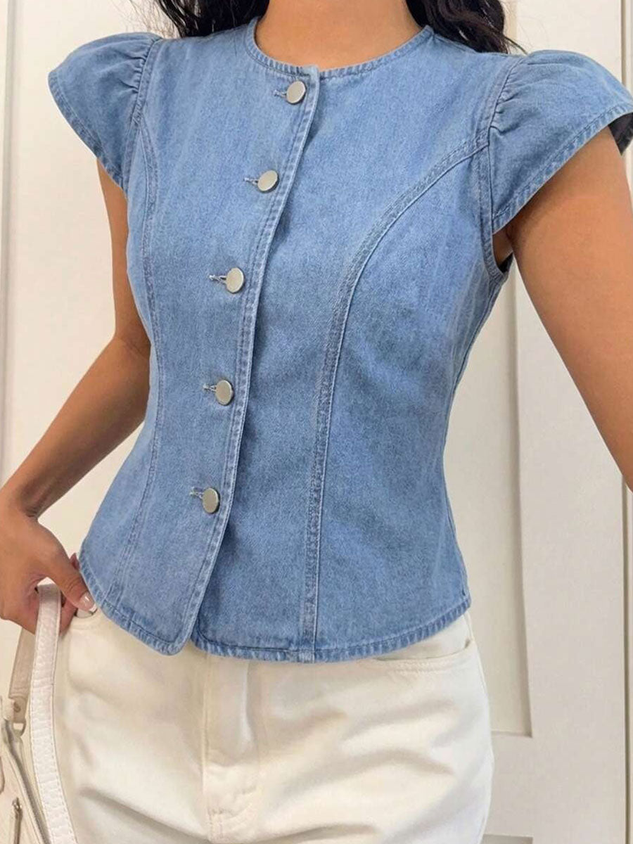 Phma™ | Camisa informal de denim sin mangas y cuello redondo