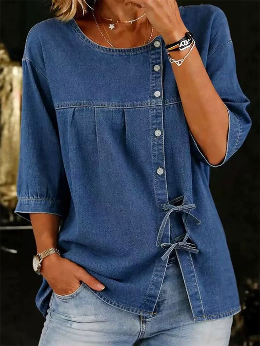 Tfra™ | Camisa vaquera de mujer de corte holgado y cómodo, con cuello redondo y mangas de longitud media