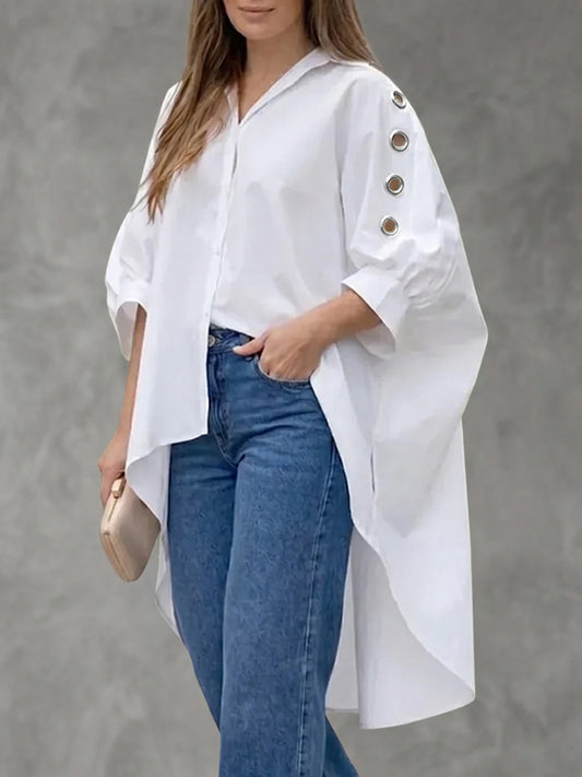 Signe™ | Camisa de algodón lisa para mujer — Cuello, manga 3/4, corte holgado informal y bajo asimétrico