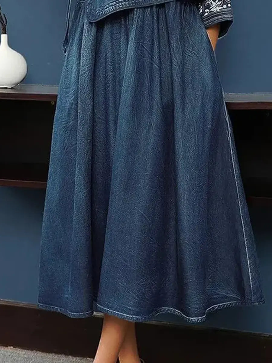 Valentina™ | Conjunto de blusa y falda vaqueras con cuello en V de estilo retro y motivos étnicos
