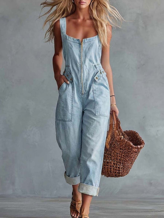 Poplin™ | Mono de vaqueros retro con cuello cuadrado y cremallera frontal para mujer
