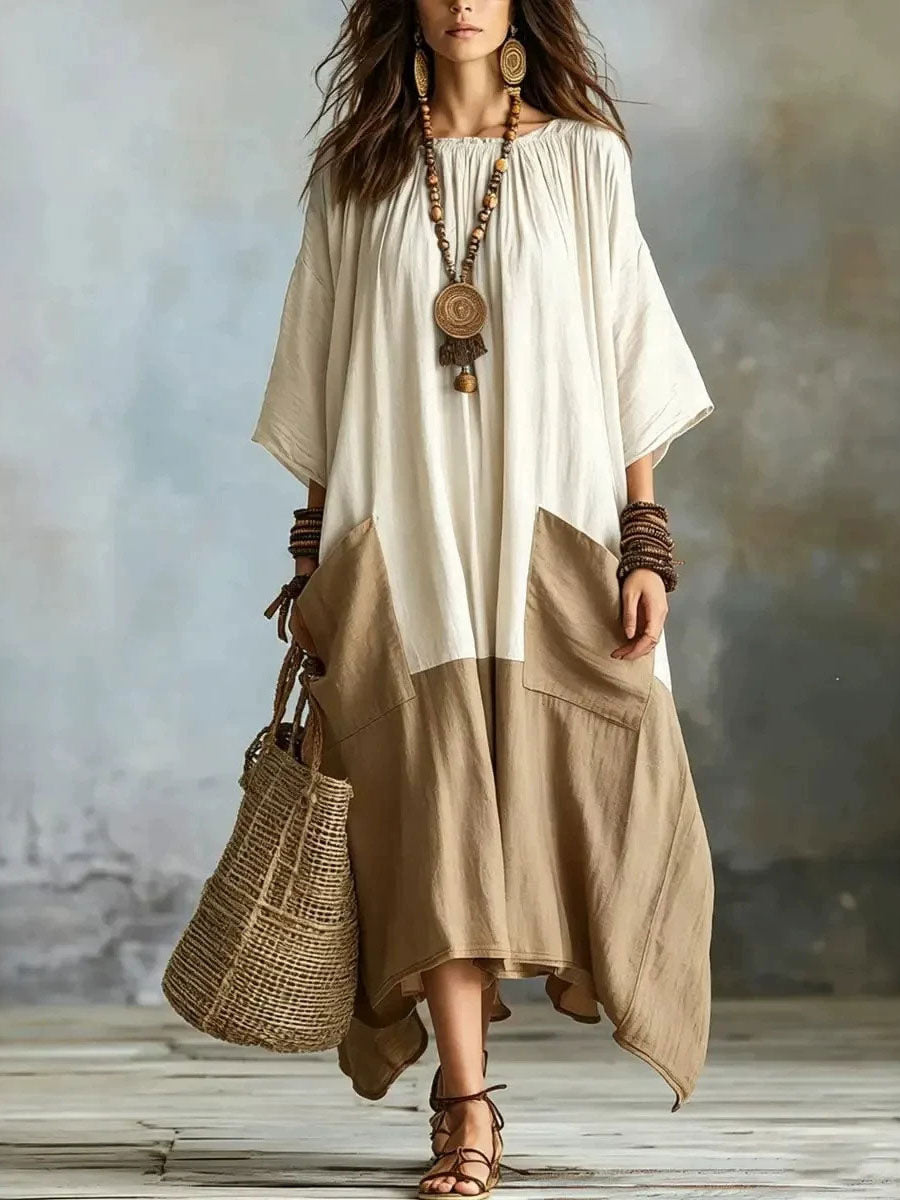 Vx™ | Vestido de algodón y lino con patchwork y bloques de color — Cuello redondo, mangas tres cuartos, corte holgado