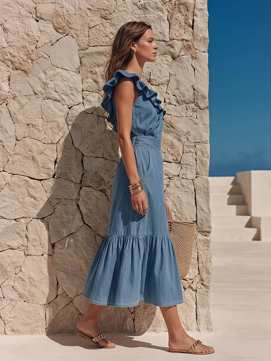 Krvn™ | Vestido vaquero con volantes de estilo casual chic