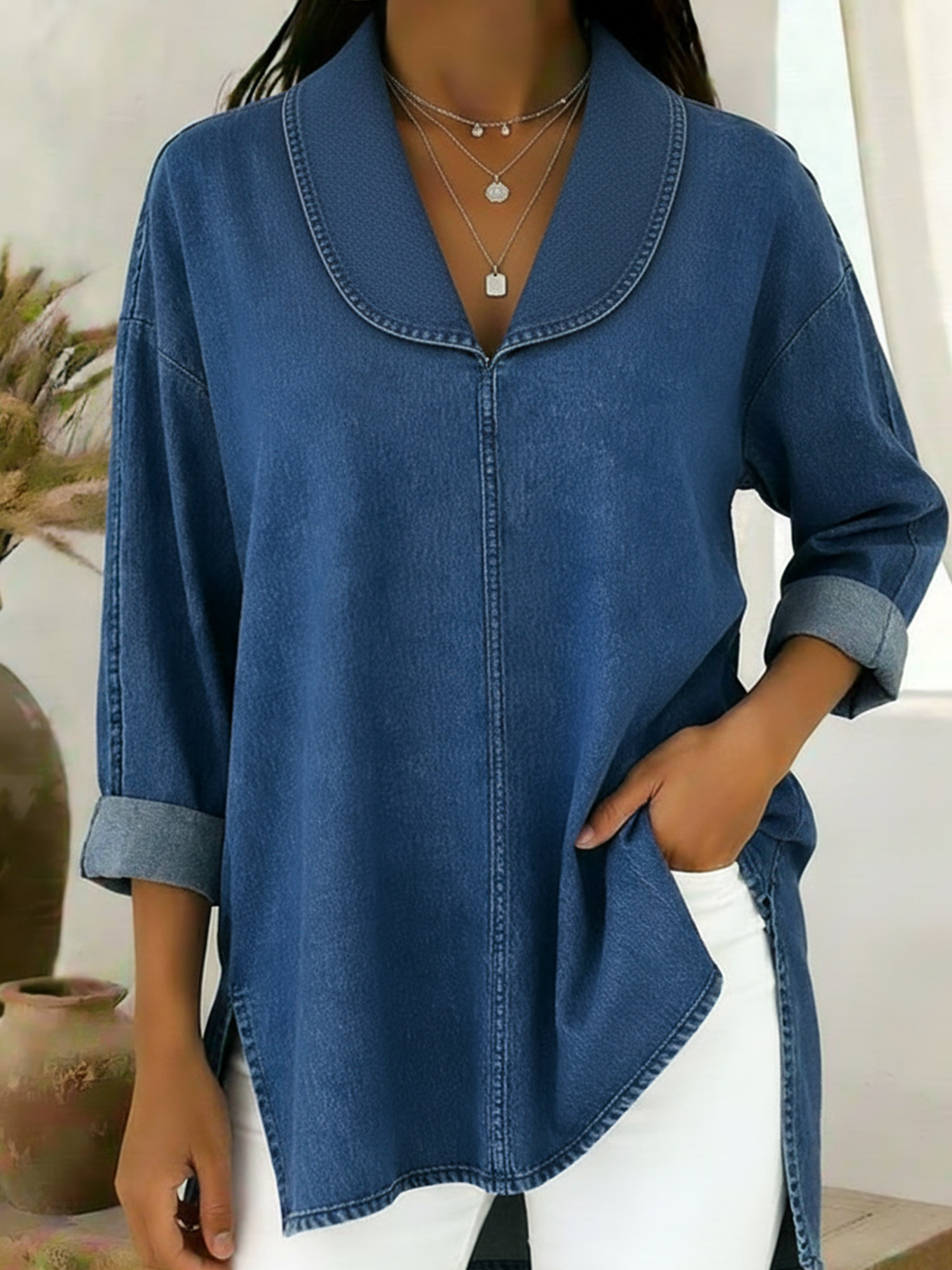 Shale™ | Top de algodón vaquero con cuello chal de estilo retro