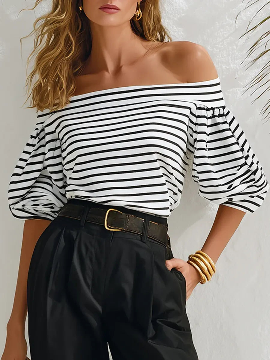 Brick™ | Camisa informal de algodón para mujer, con diseño artístico de rayas retro y hombros al aire