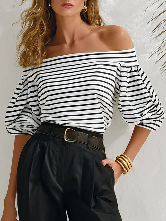 Brick™ | Camisa informal de algodón para mujer, con diseño artístico de rayas retro y hombros al aire