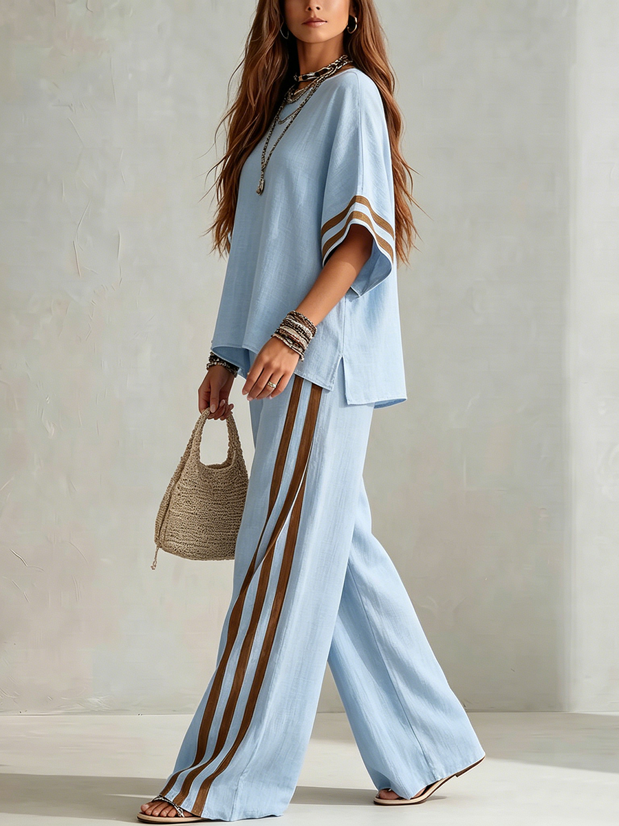 Casual Vacation Color-block Trim Cotton-linen Two-piece Set