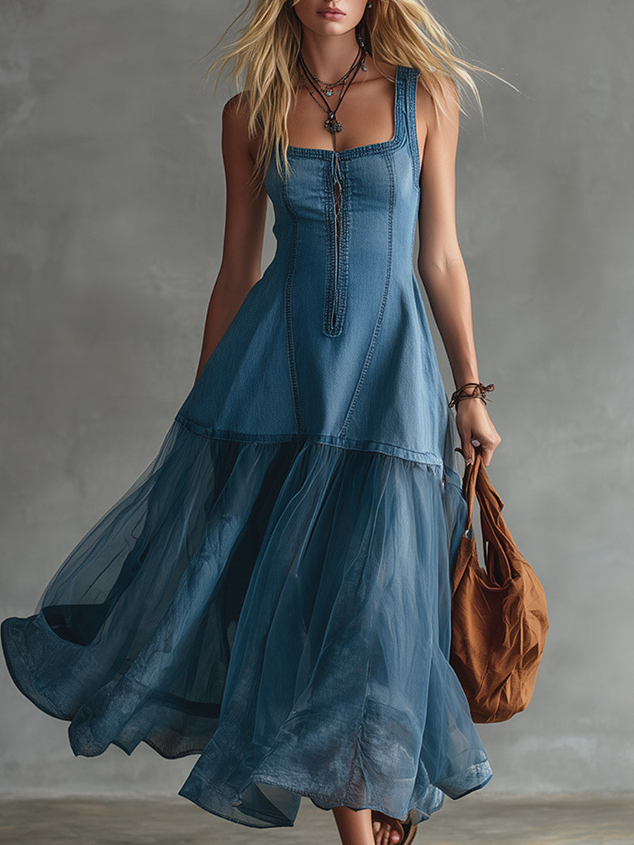 Dwla™ | Elegante vestido informal sin mangas de denim y gasa con diseño de patchwork