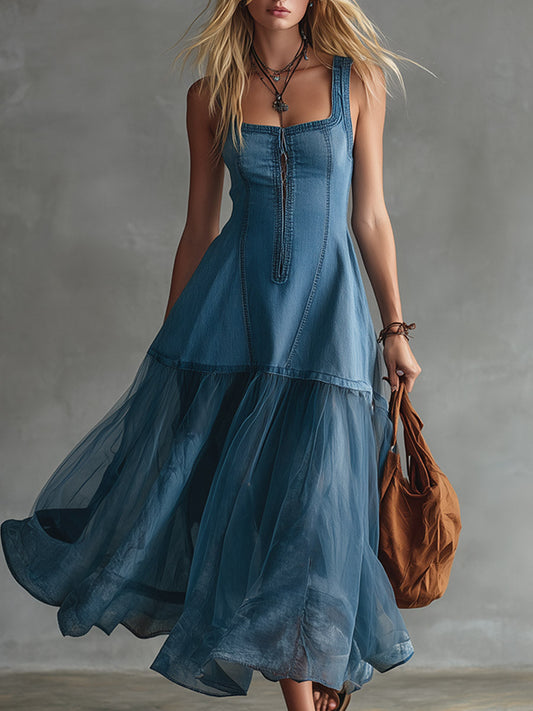 Dwla™ | Elegante vestido informal sin mangas de denim y gasa con diseño de patchwork