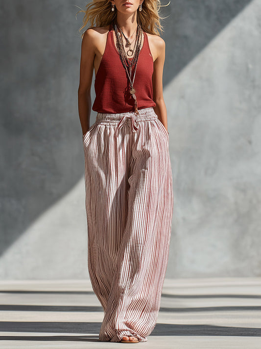 Voile™ | Conjunto de chaleco y pantalones anchos de algodón y lino a rayas