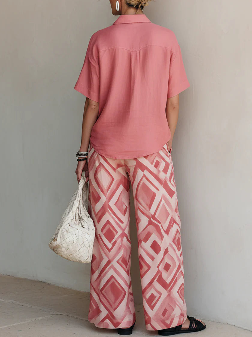 Casual Linen And Cotton Short-sleeve Shirt And Geometric-print Pants Two-piece Set