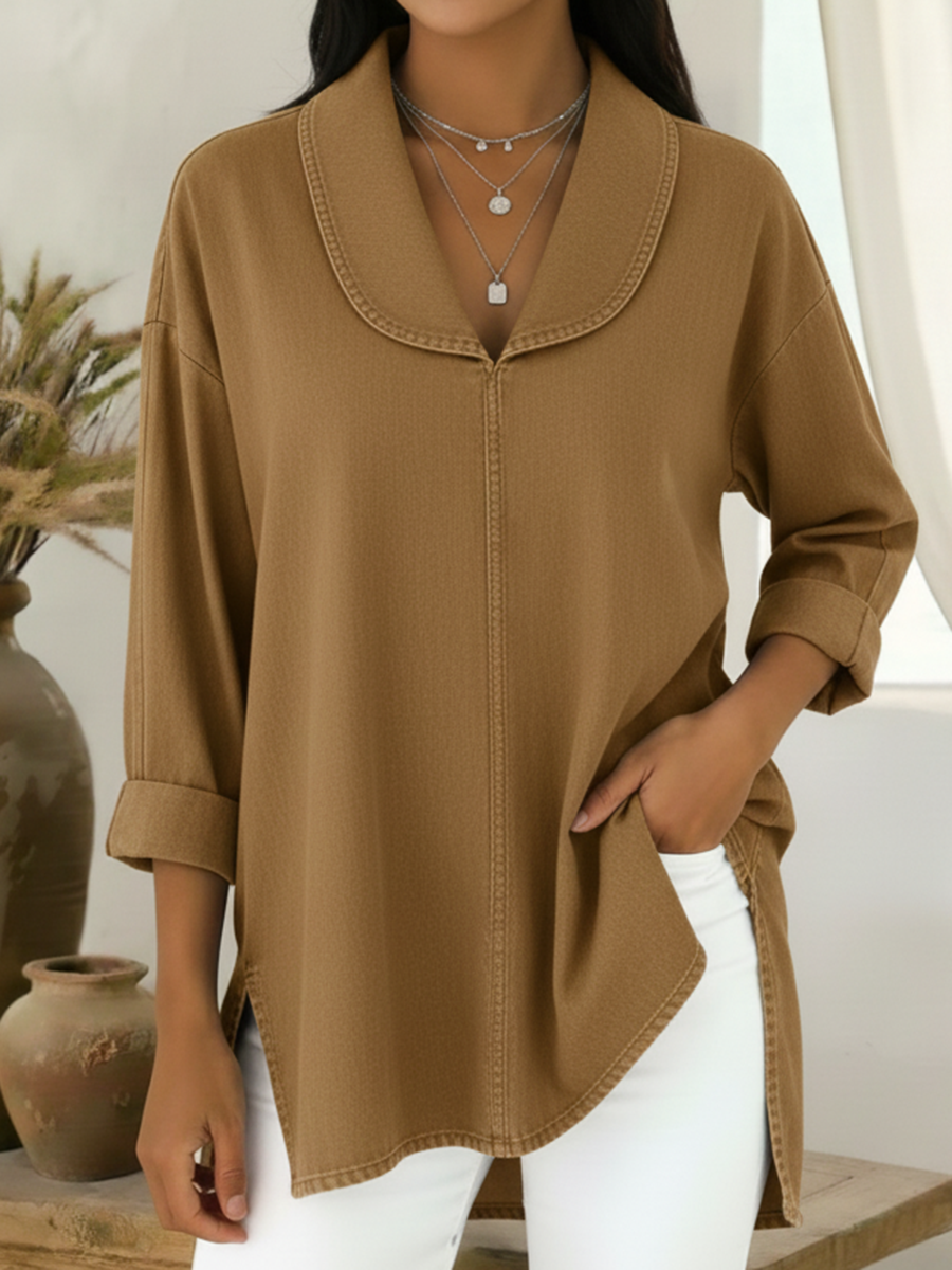 Shale™ | Top de algodón vaquero con cuello chal de estilo retro