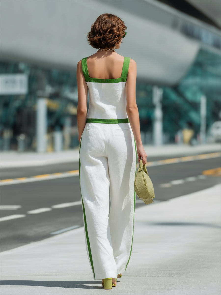 Tova™ | Conjunto de camiseta sin mangas de cuello cuadrado y pantalones de pierna ancha en lino y algodón con ribetes blancos y verdes