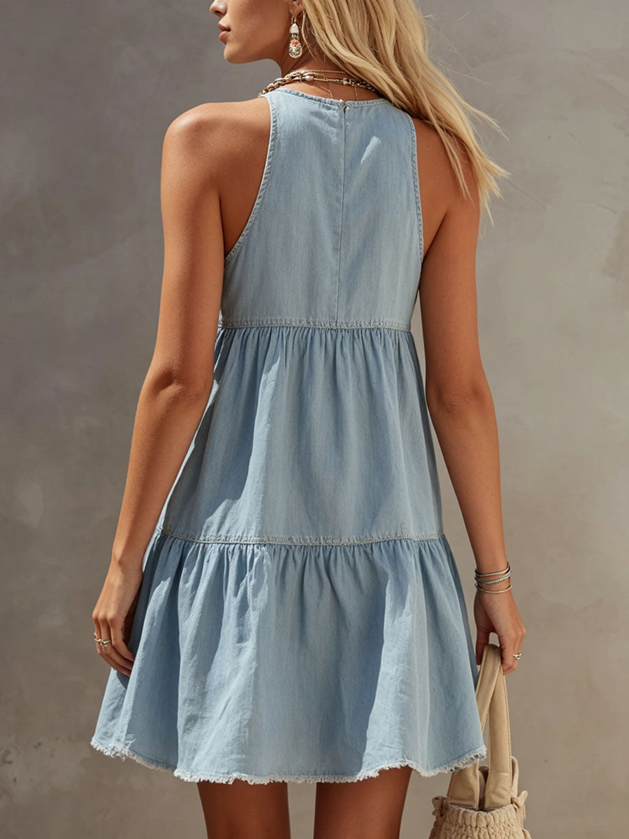 Zmra™ | Vestido mini sin mangas de denim azul claro para mujer